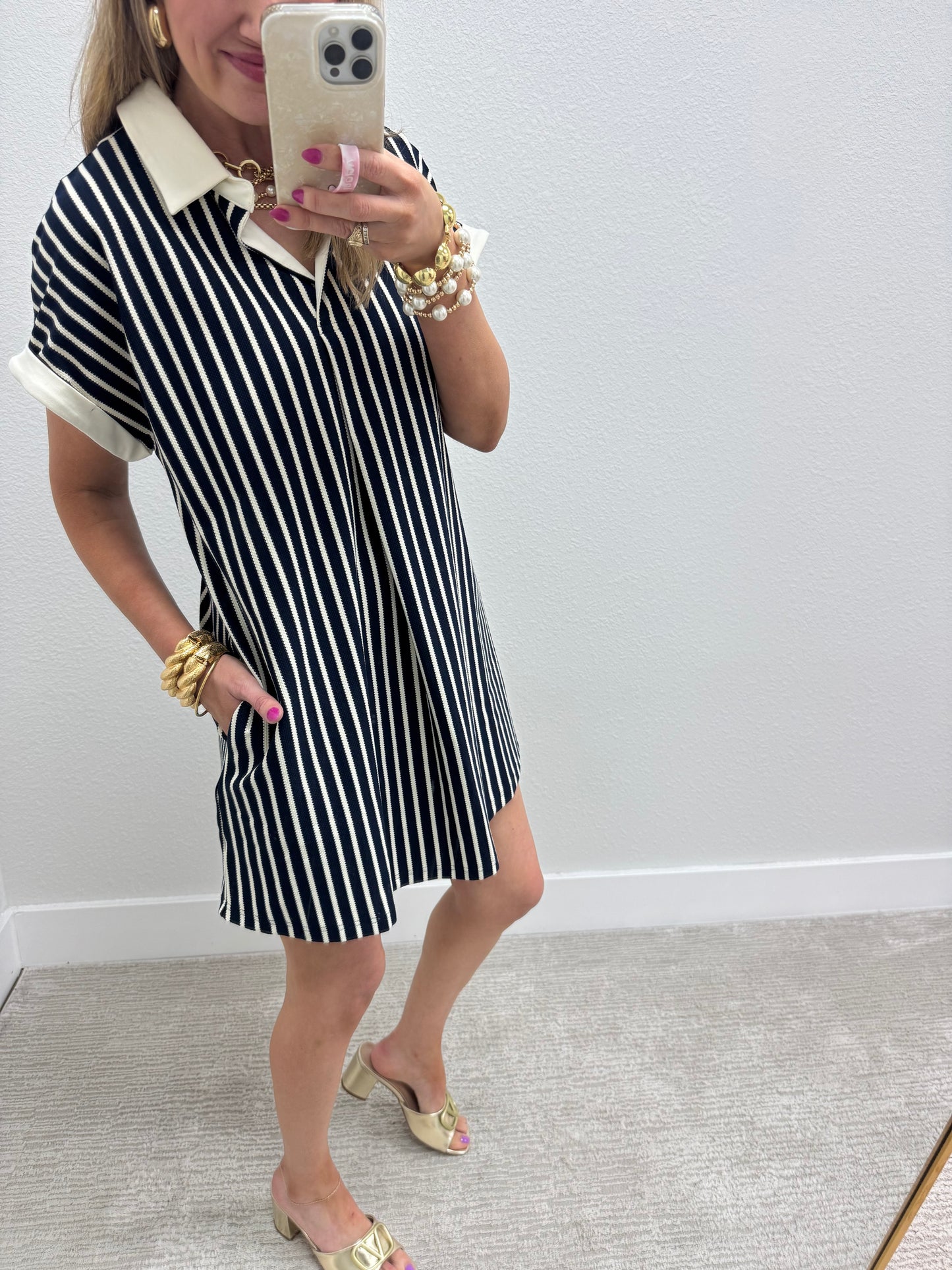 Ivory and Navy Striped Collared V Neck Mini Dress