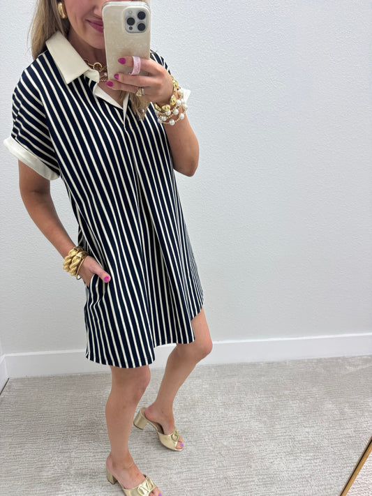 Ivory and Navy Striped Collared V Neck Mini Dress