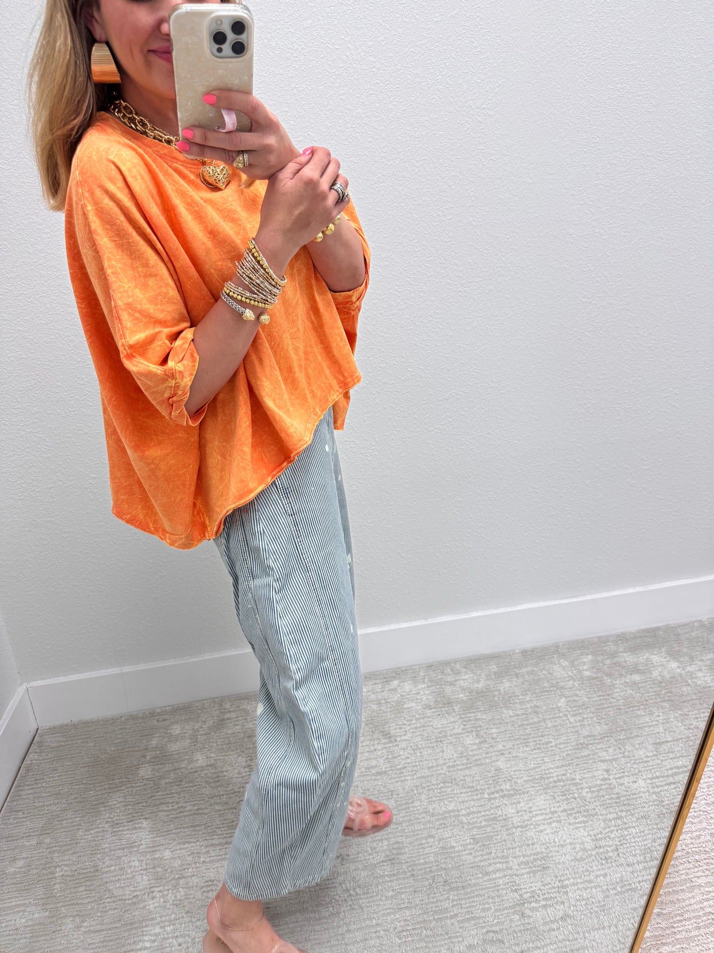 Pinstripe Mineral Wash Barrel Jeans