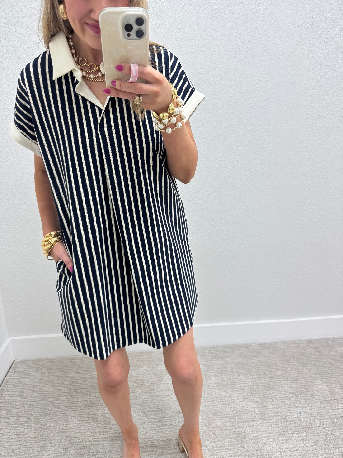 Ivory and Navy Striped Collared V Neck Mini Dress