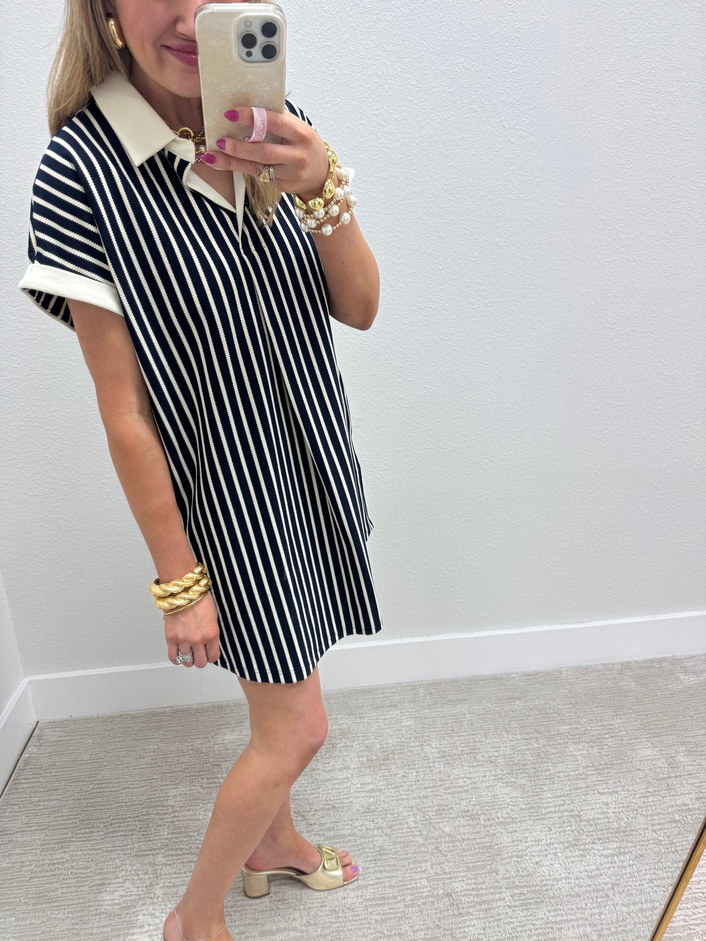 Ivory and Navy Striped Collared V Neck Mini Dress