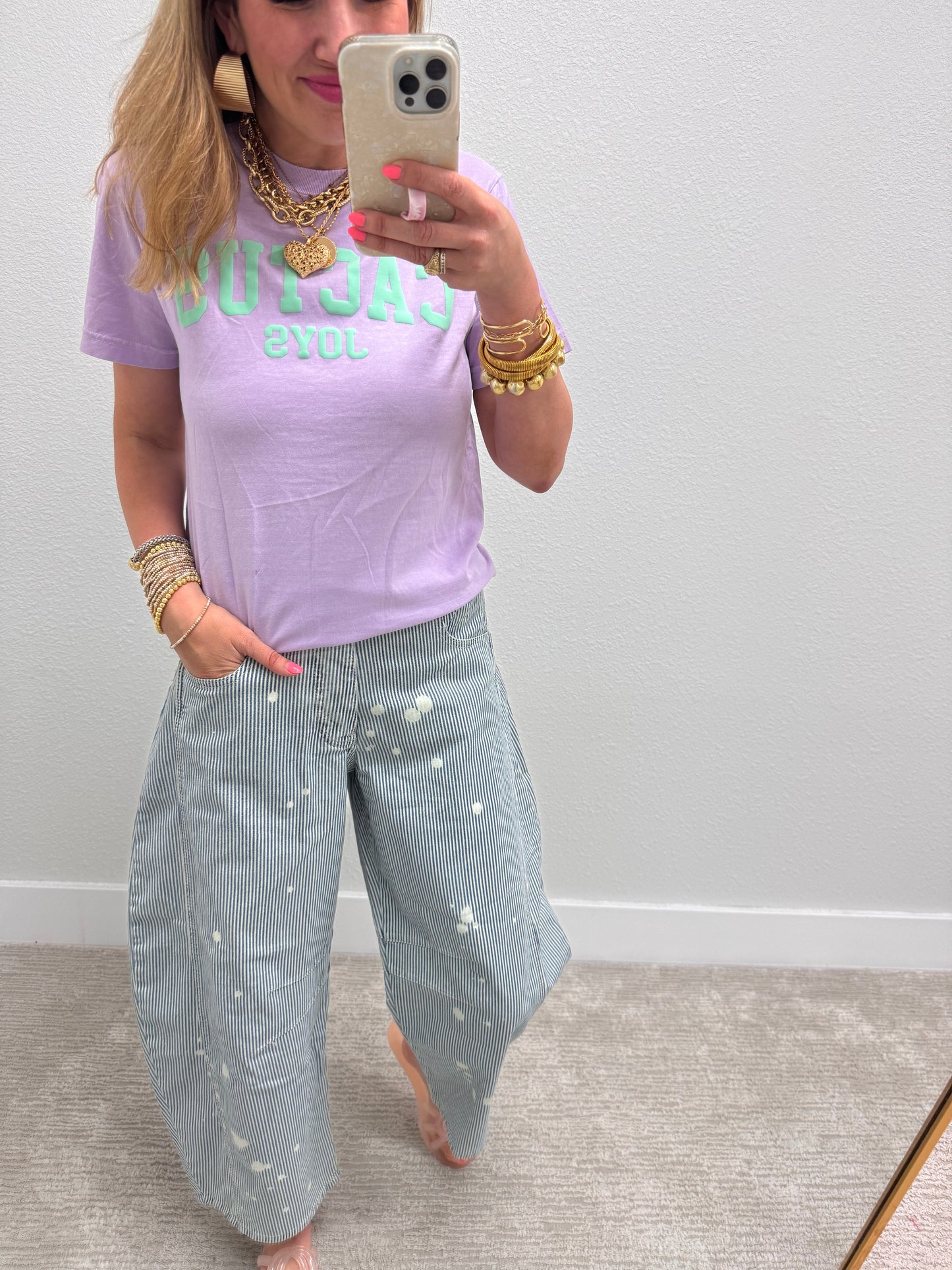 Pinstripe Mineral Wash Barrel Jeans