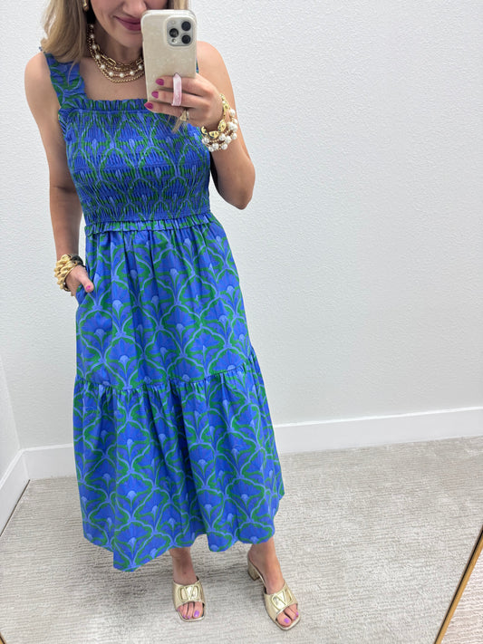 Blue Green Mix Smocked Midi Dress