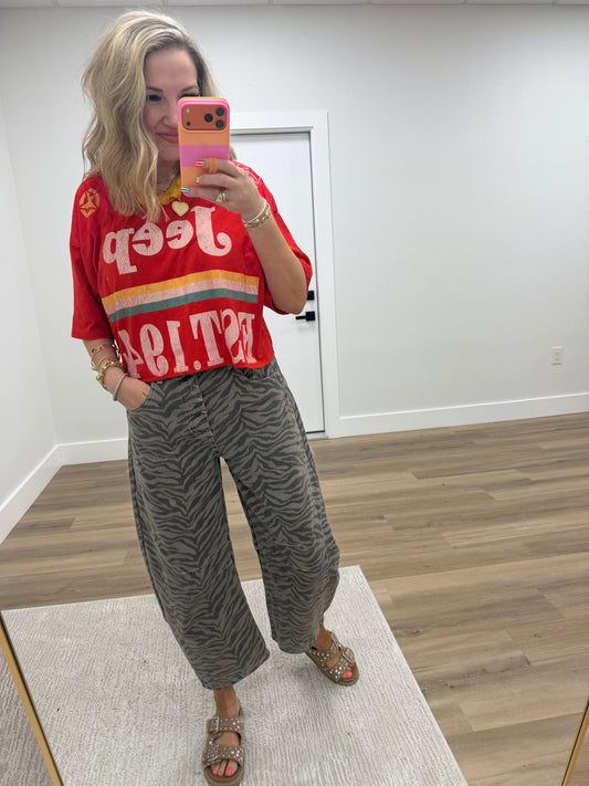 Mocha Zebra Print Barrel Jeans