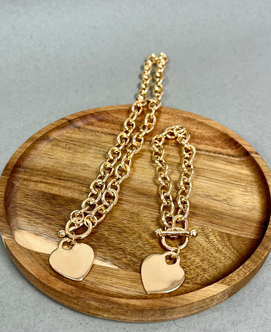Heart Charm Bracelet and Necklace Combo (Silver and Gold)