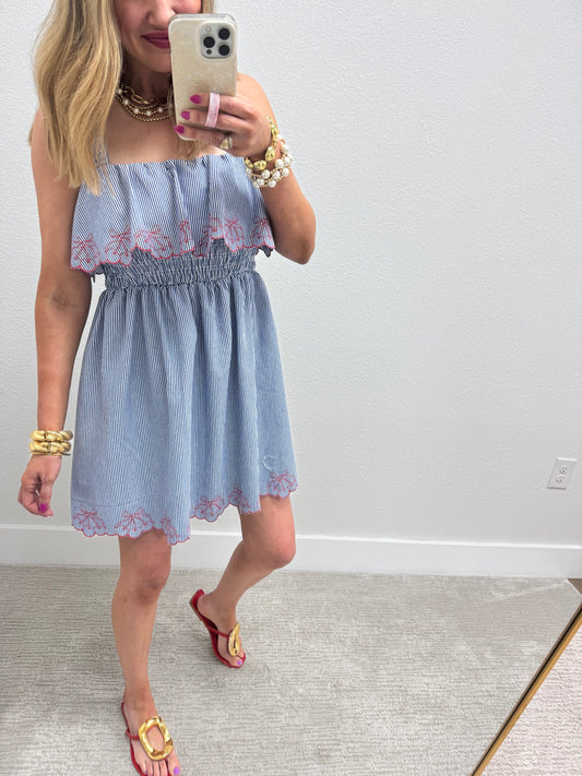 Blue Cherry Denim Ruffle Dress
