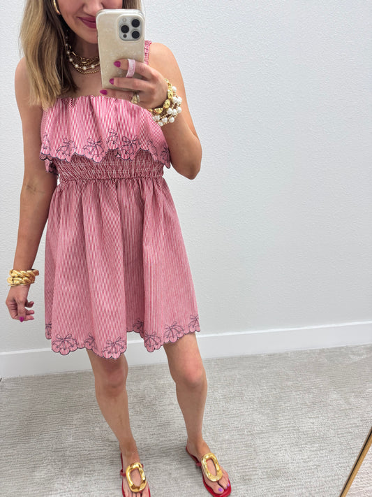 Red Cherry Denim Ruffle Dress