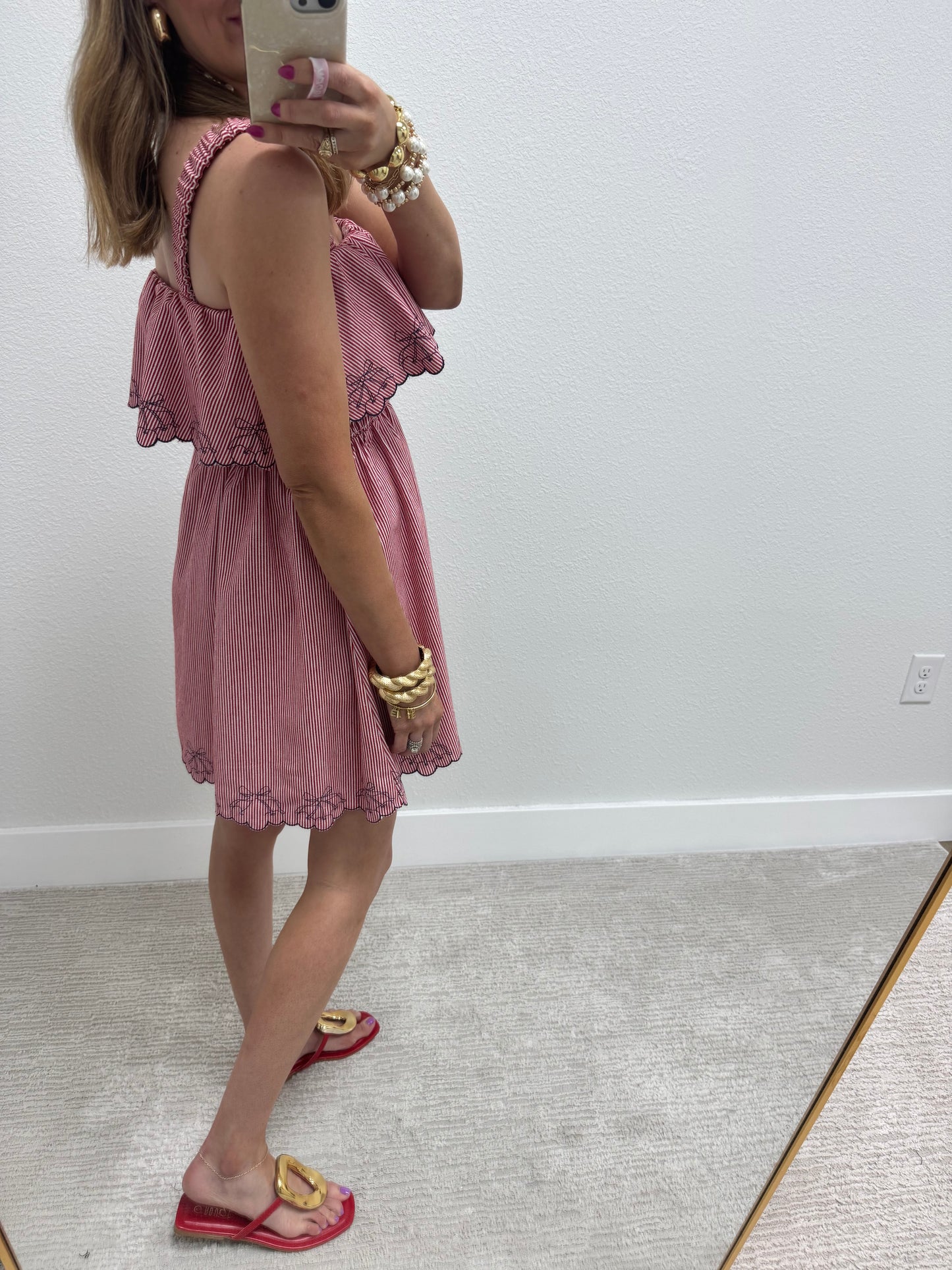 Red Cherry Denim Ruffle Dress