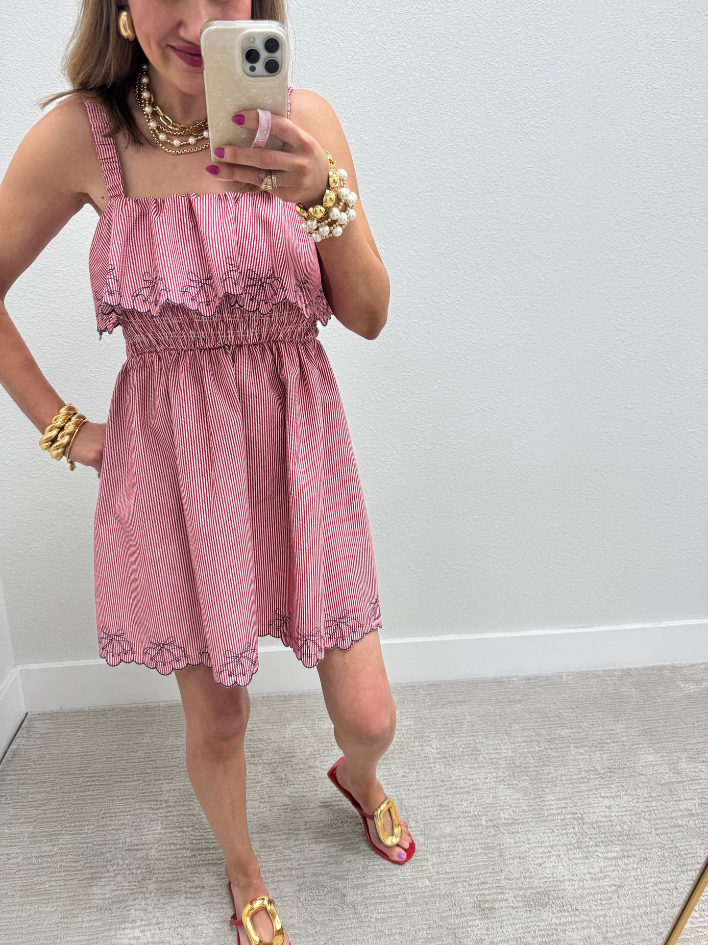 Red Cherry Denim Ruffle Dress