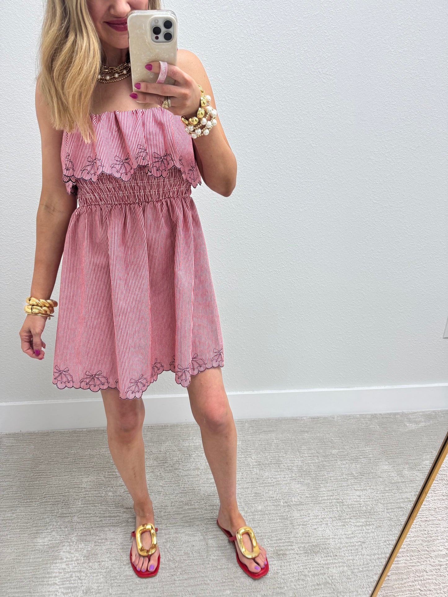 Red Cherry Denim Ruffle Dress