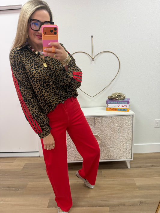Red Animal Puff Sleeve With Stripe Accent