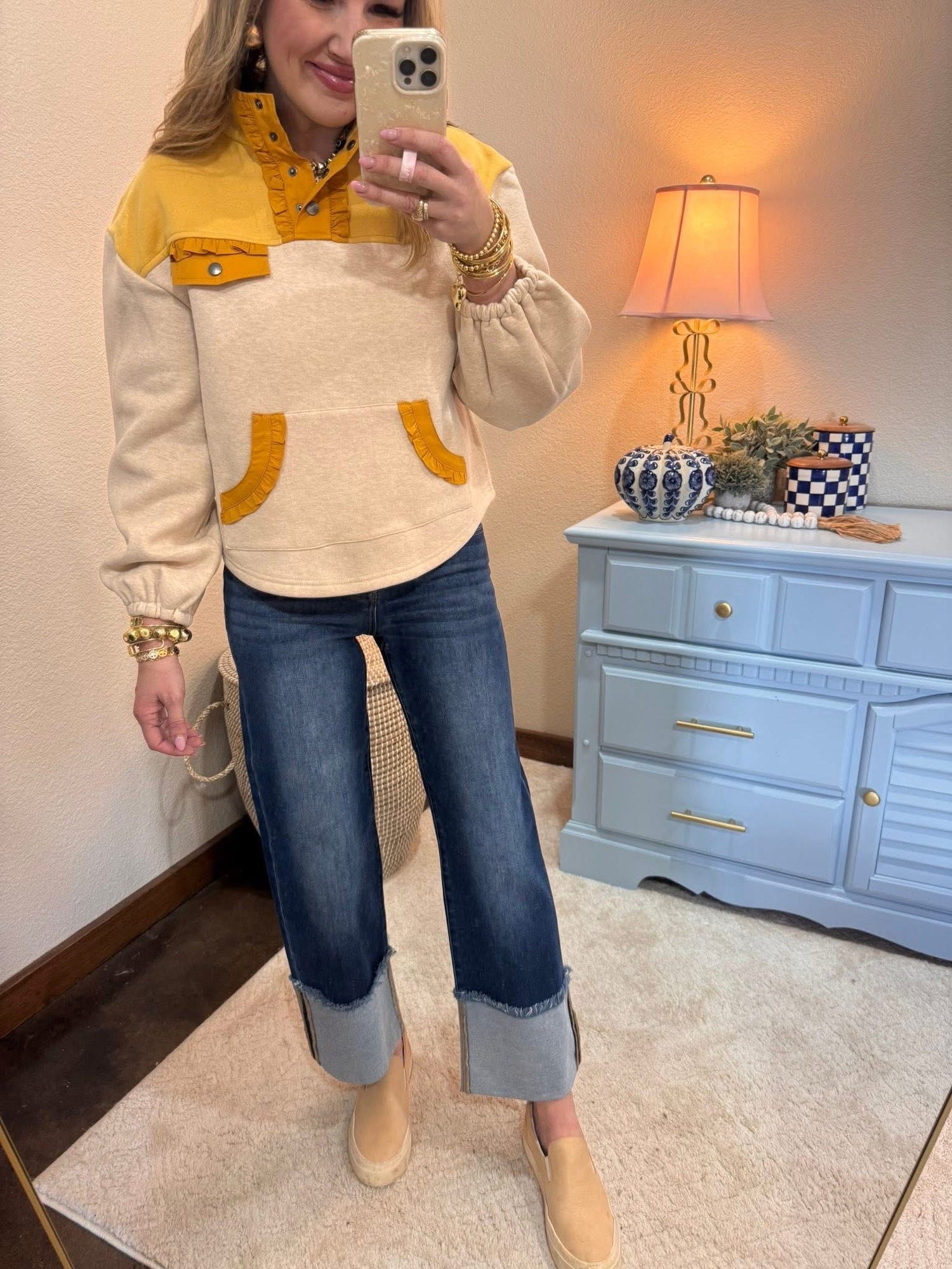 Oatmeal & Mustard Color Block Quarter Snap Button Sweatshirt
