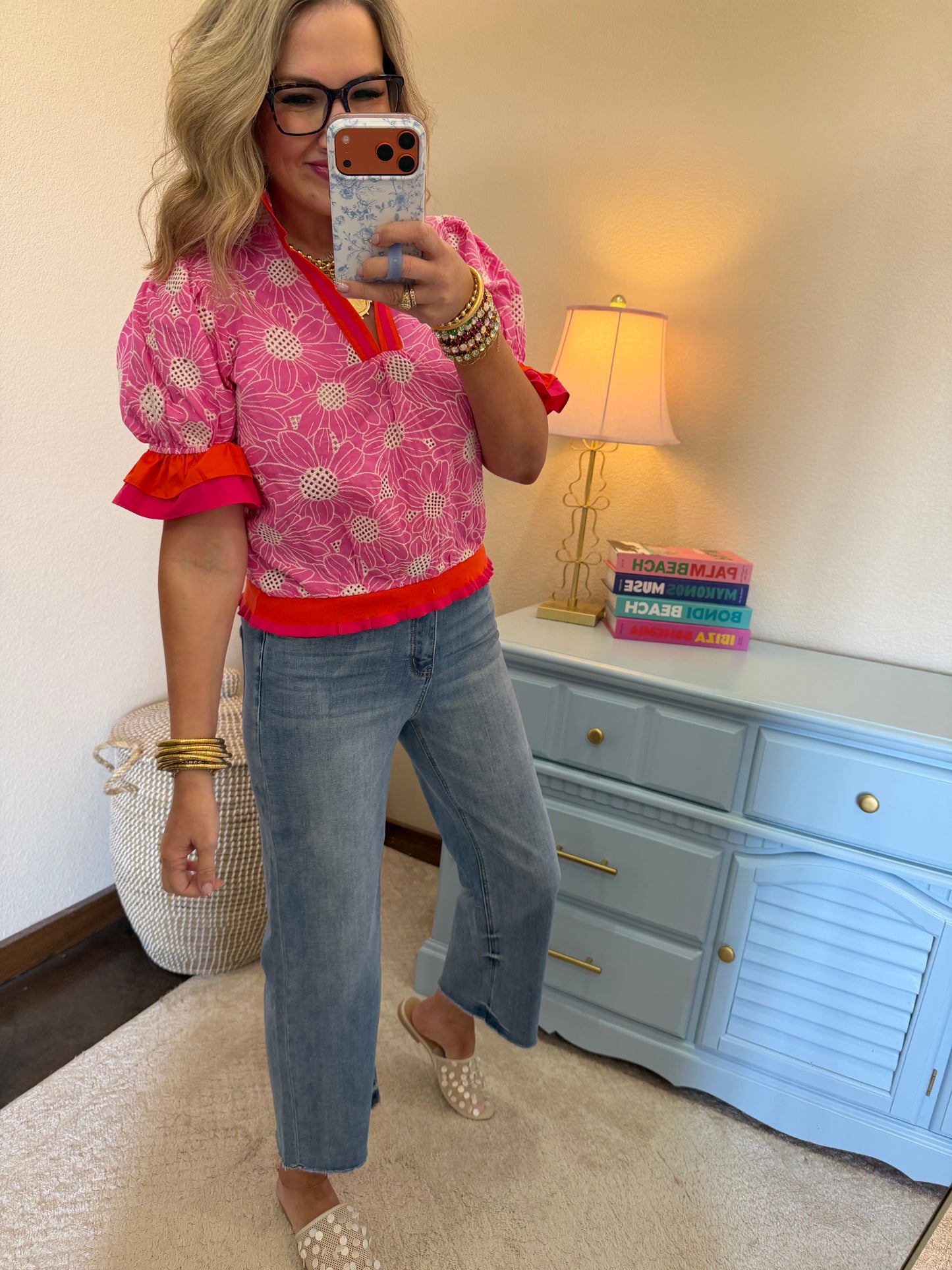 Pink Color Block Ruffle Detailed Eyelet Top