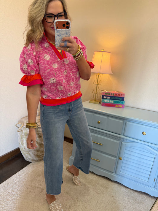 Pink Color Block Ruffle Detailed Eyelet Top