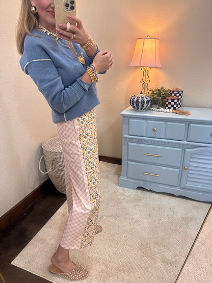 Floral and Gingham Printed Denim Jeans