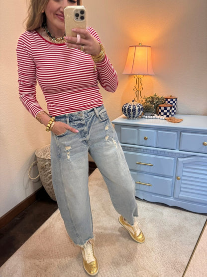 Red & White Striped Ribbed Crop Long Sleeve Top