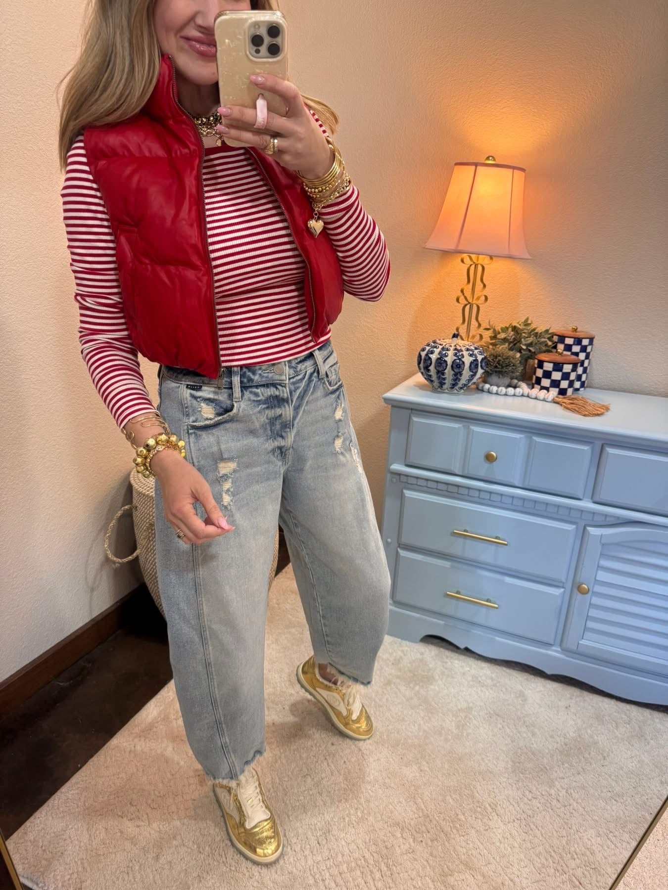 Red & White Striped Ribbed Crop Long Sleeve Top