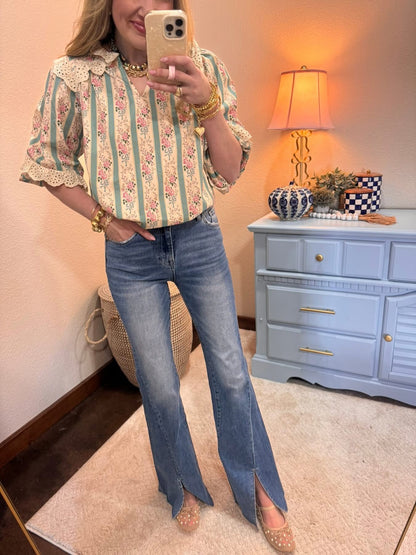 Front Seam Split High Rise Ankle Flare Jeans