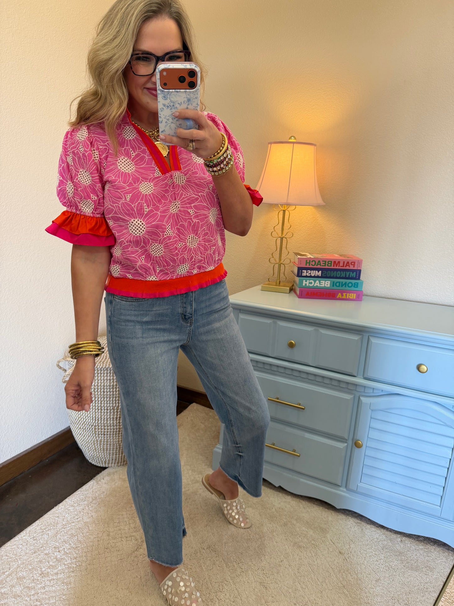 Pink Color Block Ruffle Detailed Eyelet Top