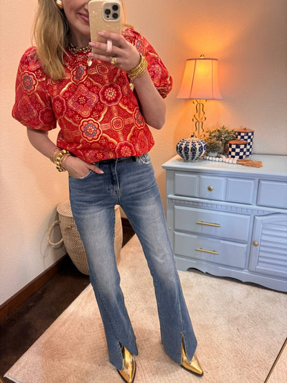 Front Seam Split High Rise Ankle Flare Jeans