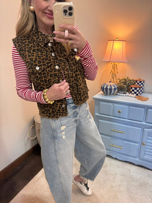 Camel Mix Leopard Printed Collared Casual Vest