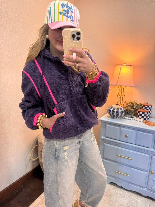 Purple & Neon Pink Sherpa Buttoned Hoodie