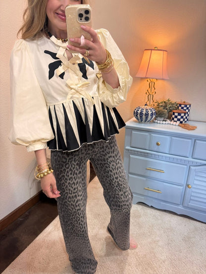 Black and Cream Front Tie Ruffle Top