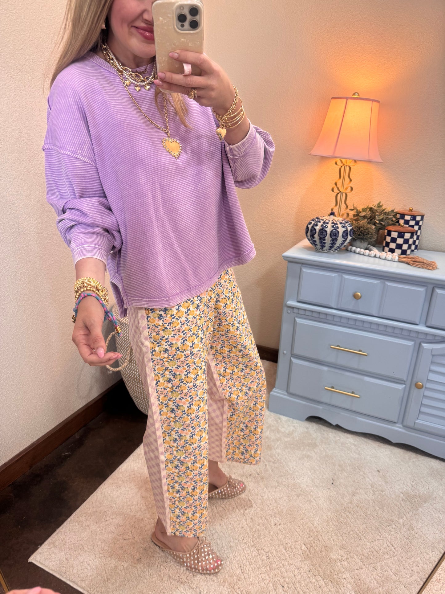 Lavender Acid Washed Double Ribbed Exposed-Seam Pullover