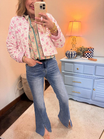 Front Seam Split High Rise Ankle Flare Jeans