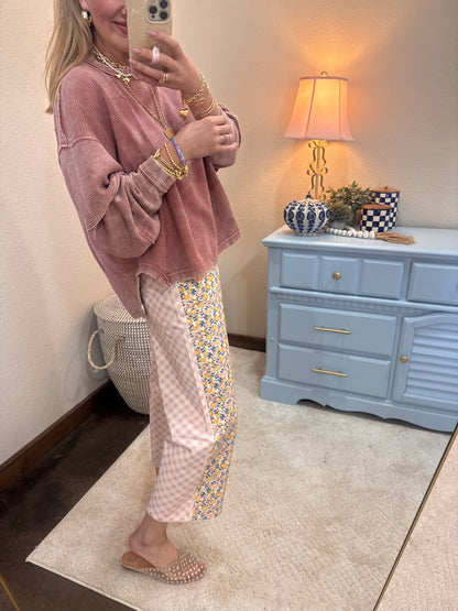 Floral and Gingham Printed Denim Jeans