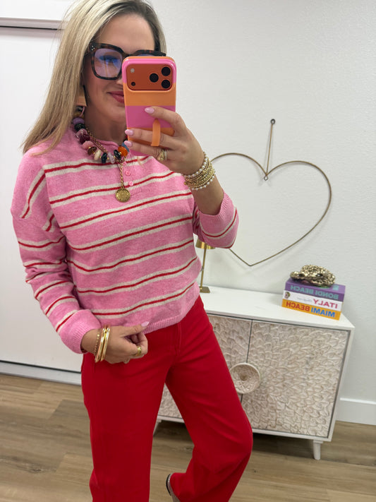 Pink Cozy Stripe Button Knit Sweater