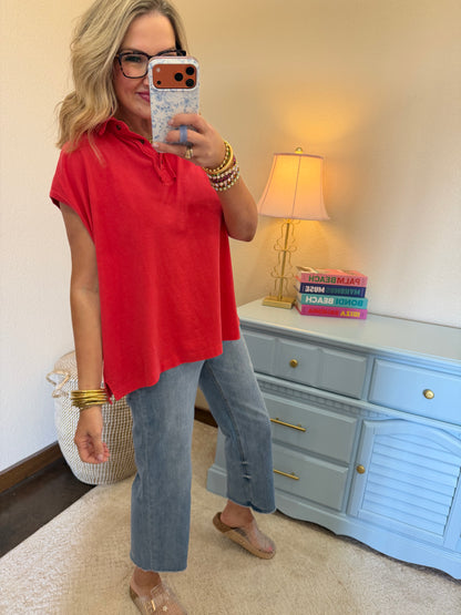 Red Pigment Dye Sleeveless Polo Oversized Top