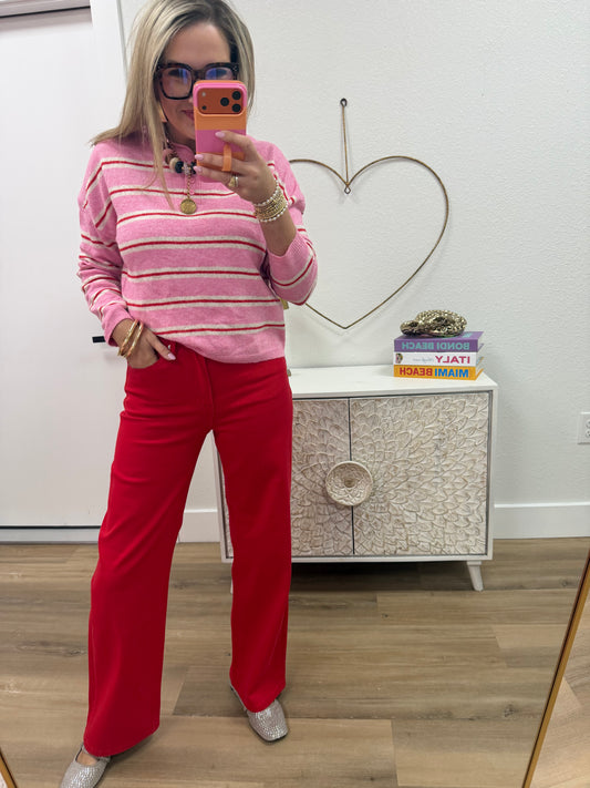 Pink Cozy Stripe Button Knit Sweater