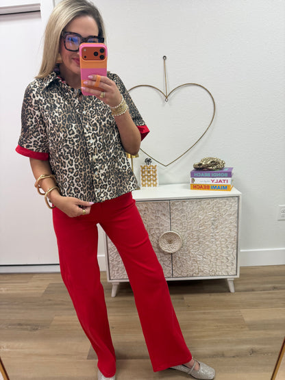 Red Contrast Accent Button Down Leopard Top