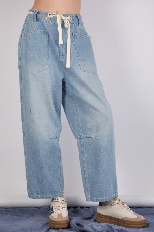 Light Wash Drawstring Barrel Jeans