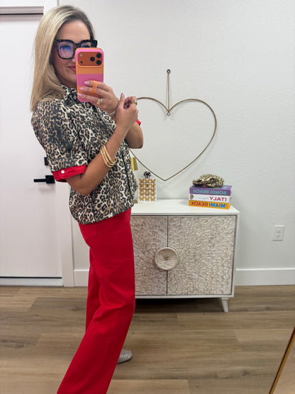 Red Contrast Accent Button Down Leopard Top
