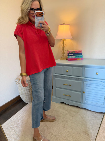 Red Pigment Dye Sleeveless Polo Oversized Top