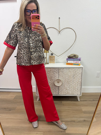 Red Contrast Accent Button Down Leopard Top