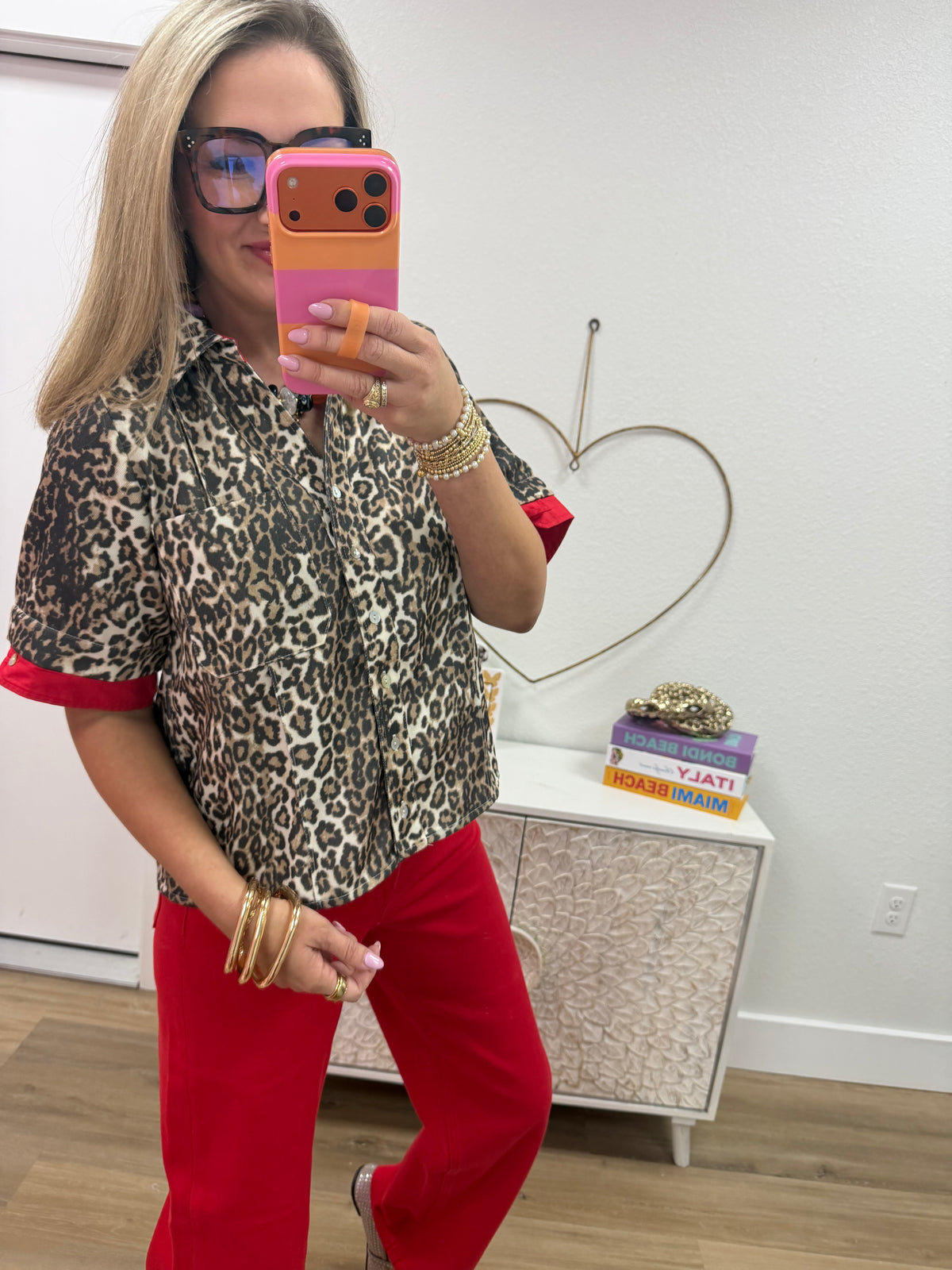 Red Contrast Accent Button Down Leopard Top