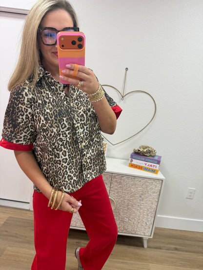 Red Contrast Accent Button Down Leopard Top