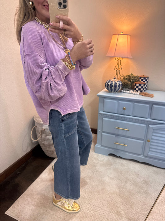 Lavender Acid Washed Double Ribbed Exposed-Seam Pullover