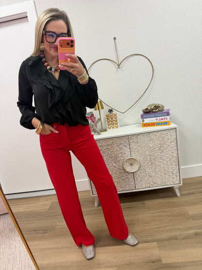 Black Ruffled V-neck Button-up Blouse