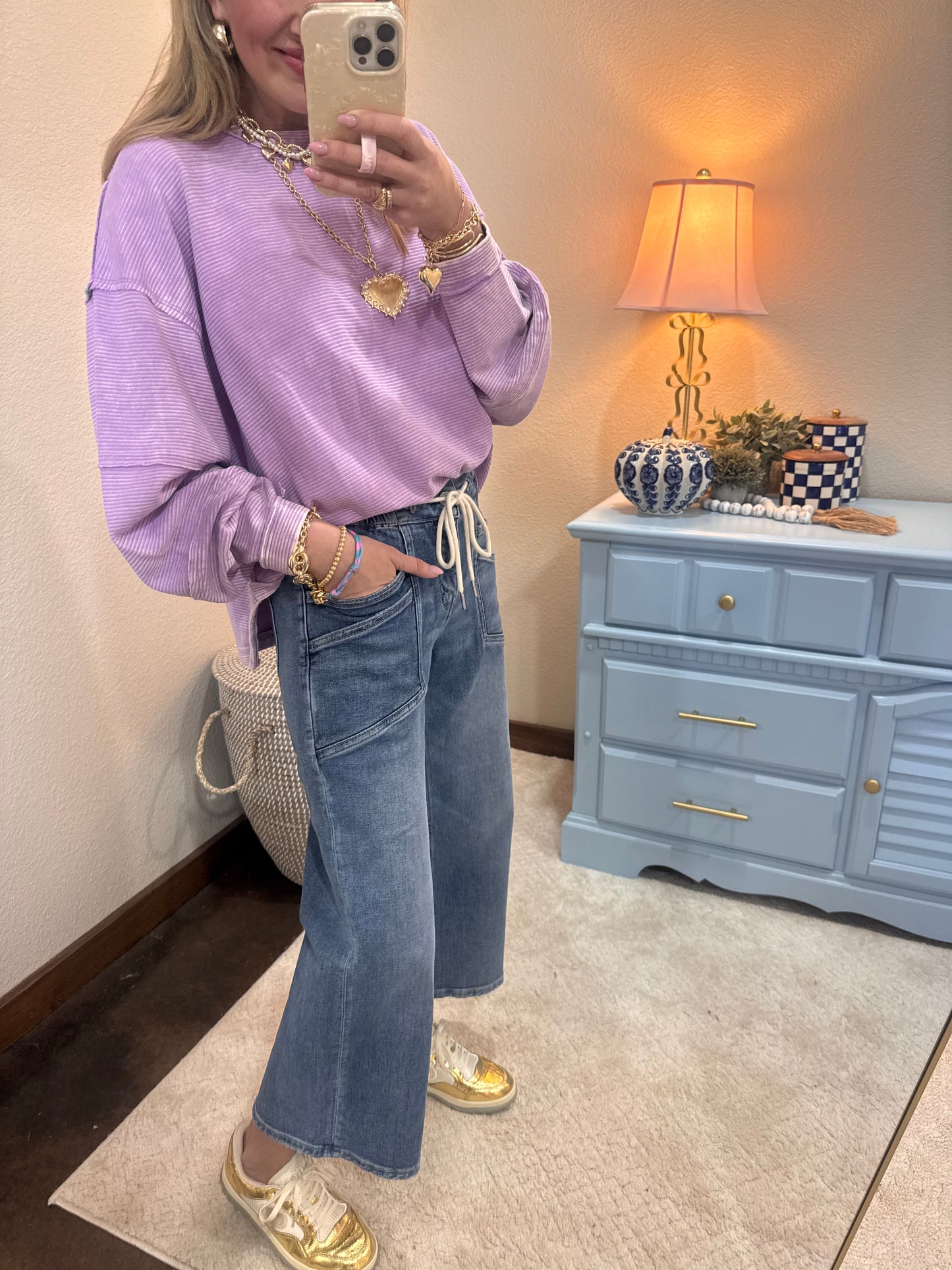 Lavender Acid Washed Double Ribbed Exposed-Seam Pullover