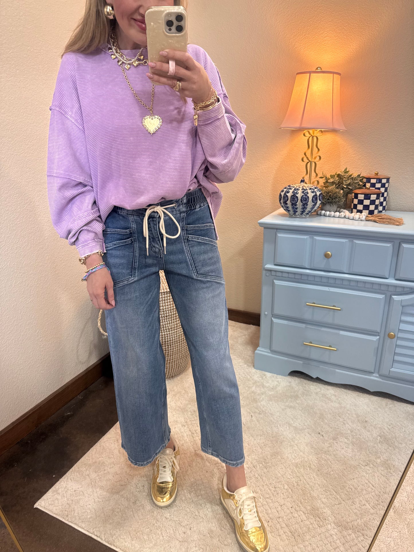 Lavender Acid Washed Double Ribbed Exposed-Seam Pullover