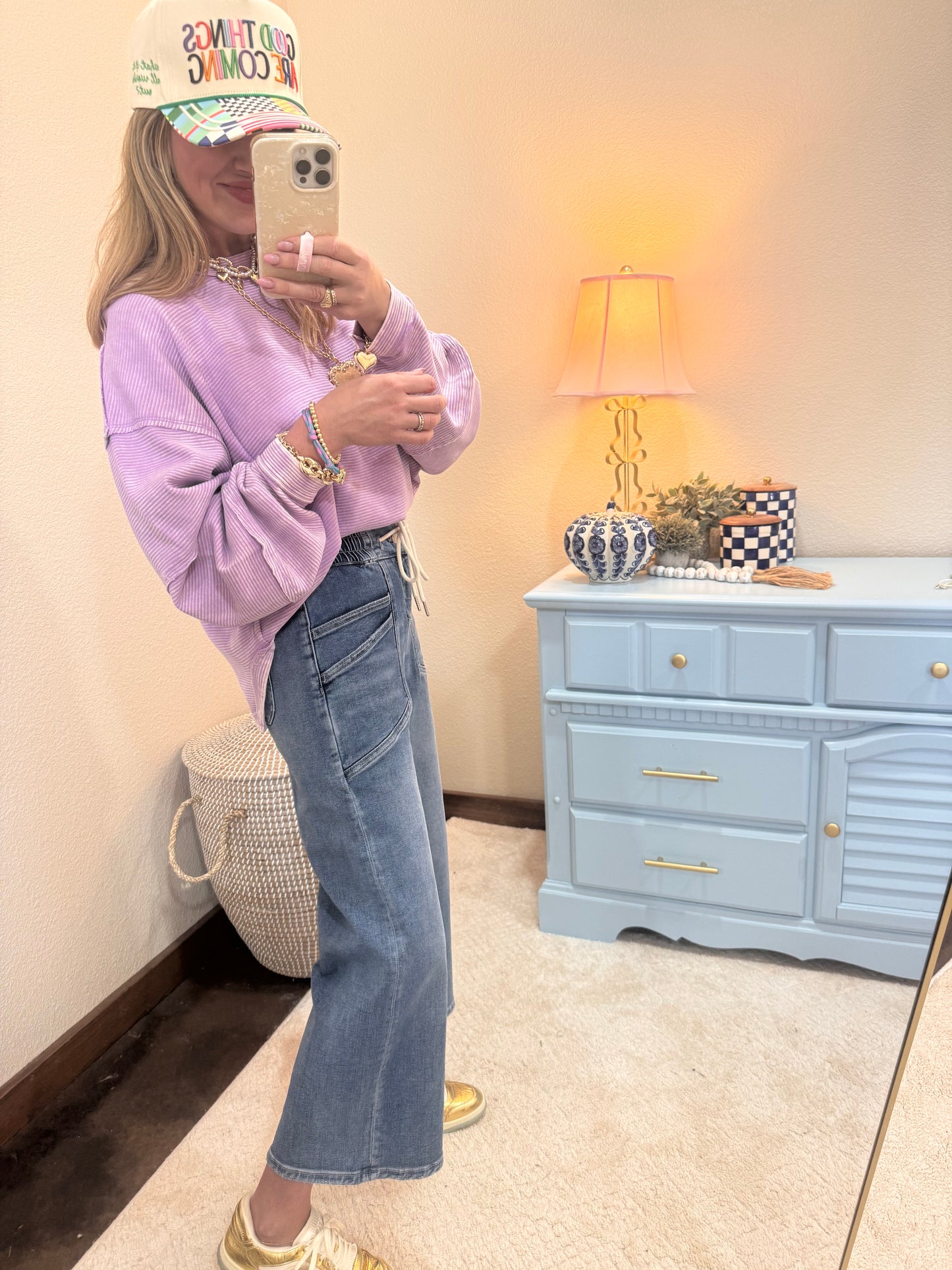 Lavender Acid Washed Double Ribbed Exposed-Seam Pullover