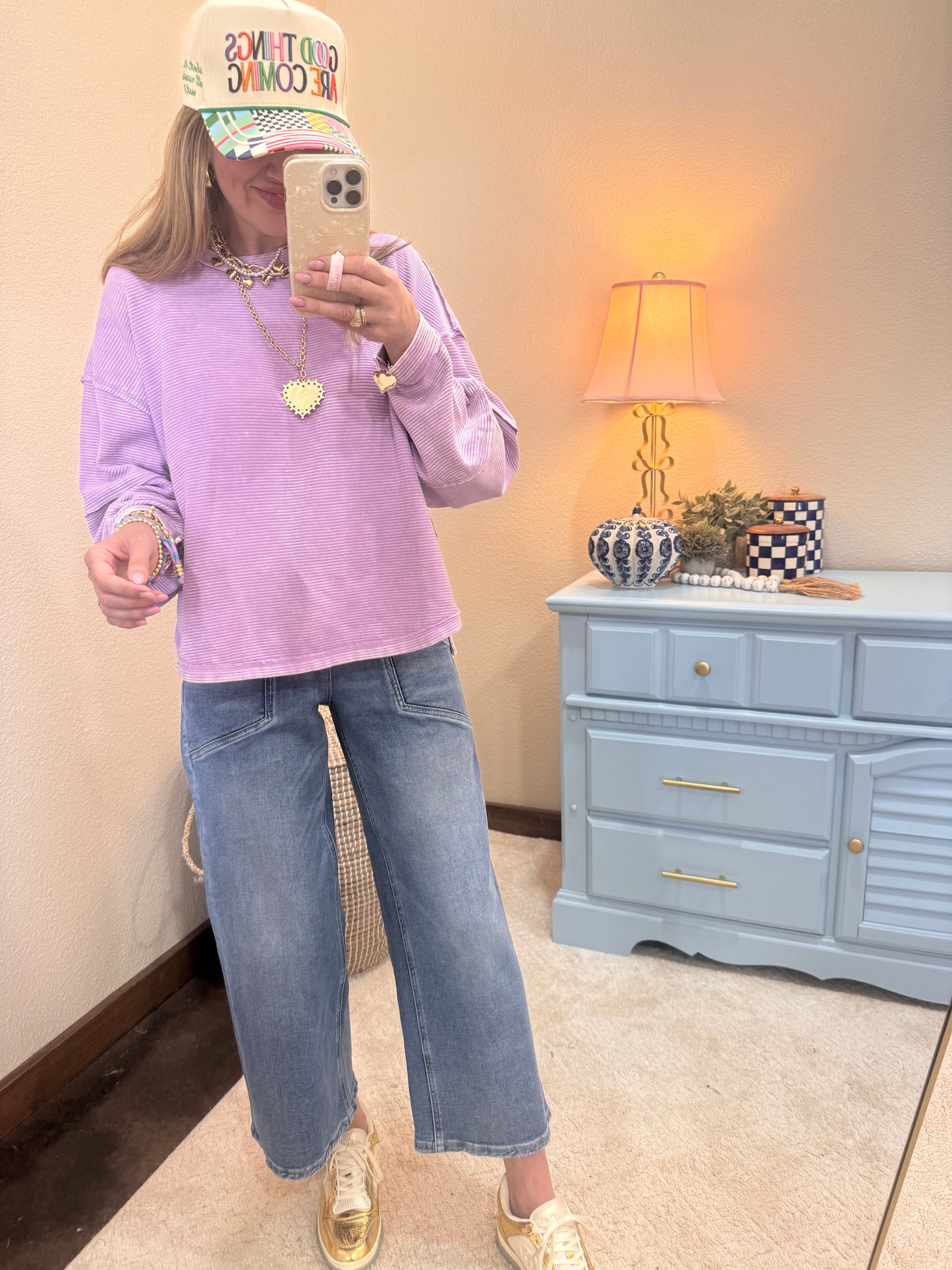 Lavender Acid Washed Double Ribbed Exposed-Seam Pullover