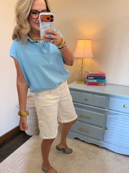 Blue Pigment Dye Sleeveless Polo Oversized Top
