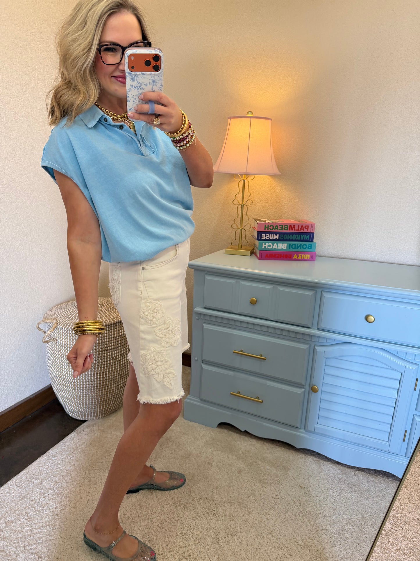 Blue Pigment Dye Sleeveless Polo Oversized Top