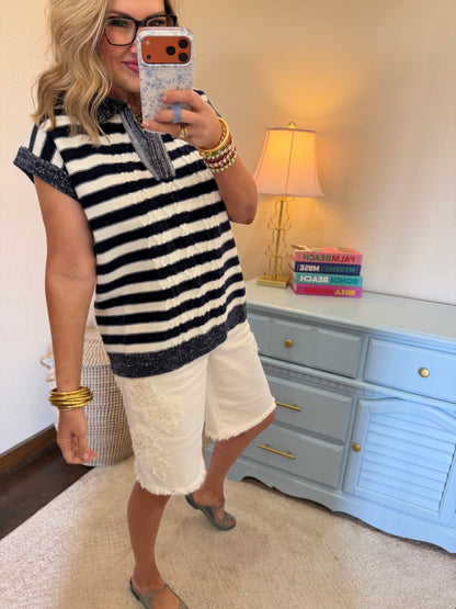 Navy & White Striped Sweater Vest Top