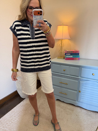 Navy & White Striped Sweater Vest Top